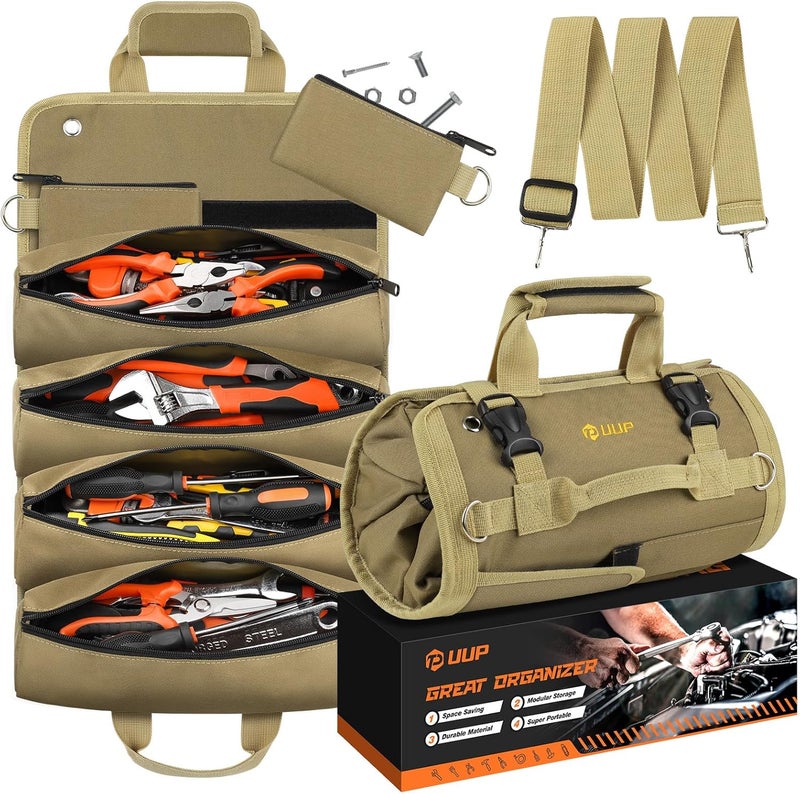 UUP Tool Bag Roll Up, Heavy Duty Rolled Empty Tool Storage Organization, Portable Foldable Rollup Organizer with 2 Small Pouches, Rollable Carrying Toolbag, Dad Men Mechanic Birthday Gifts, Khaki - Image 1